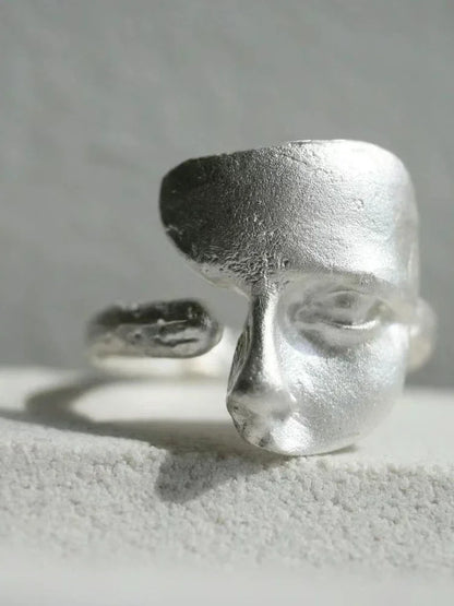 Abstract Face Adjustable Ring, Silver-Plated Unisex Art Statement