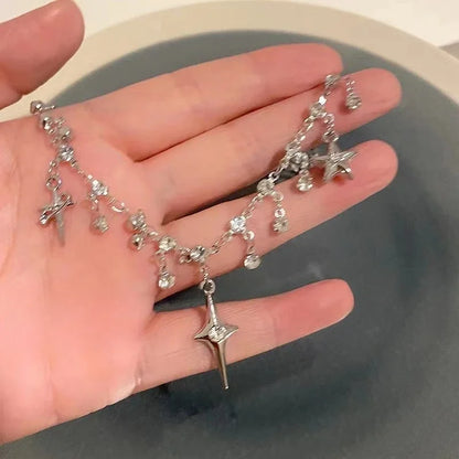 Y2K Star Chain Necklace Irregular Zircon Crystal Tassel Choker, Aesthetic K-Pop Style