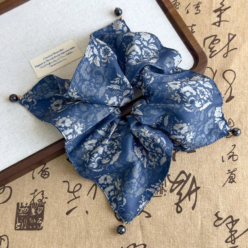 French-Style Satin Scrunchie with Pearl Square Elastic Ponytail Holder