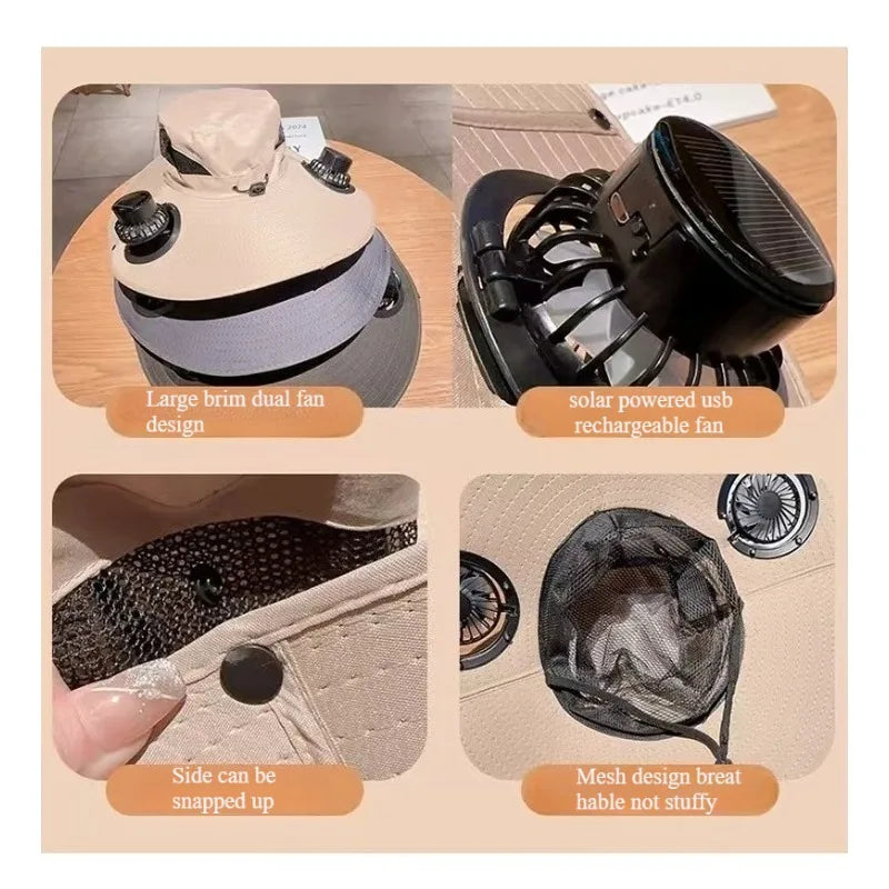 Outdoor Solar & USB Rechargeable Double Fan Sun Hat – Cooling Fisherman Hat for Travel, Fishing & Camping