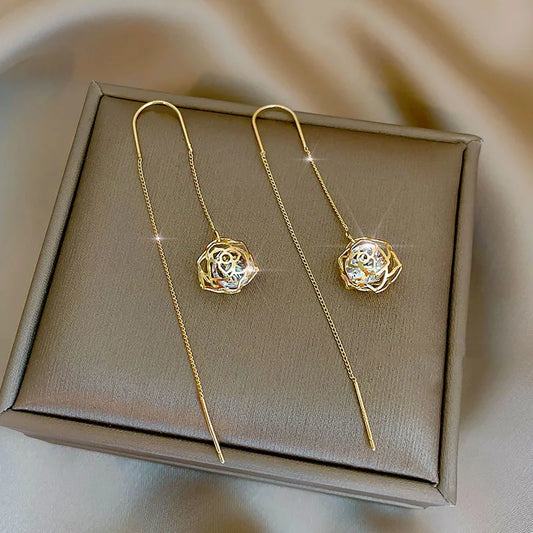 Elegant Cubic Zirconia Drop Earrings – Women’s Classic Long Chain Dangle Earrings, Copper Alloy, Plant-Inspired Design
