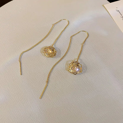 Elegant Cubic Zirconia Drop Earrings – Women’s Classic Long Chain Dangle Earrings, Copper Alloy, Plant-Inspired Design