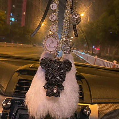 Fashion Crystal Cartoon Bear Car Pendant – Rhinestone Bell Hanging Ornament with Tassels