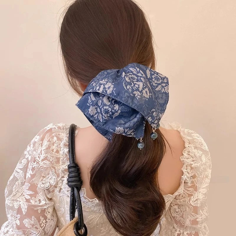 French-Style Satin Scrunchie with Pearl Square Elastic Ponytail Holder