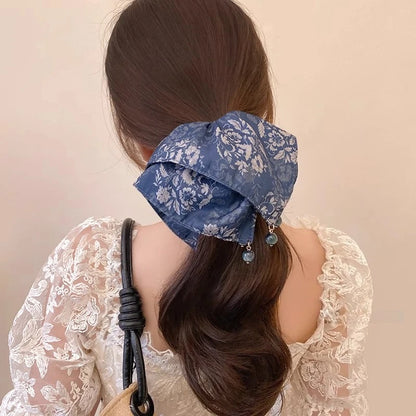 French-Style Satin Scrunchie with Pearl Square Elastic Ponytail Holder