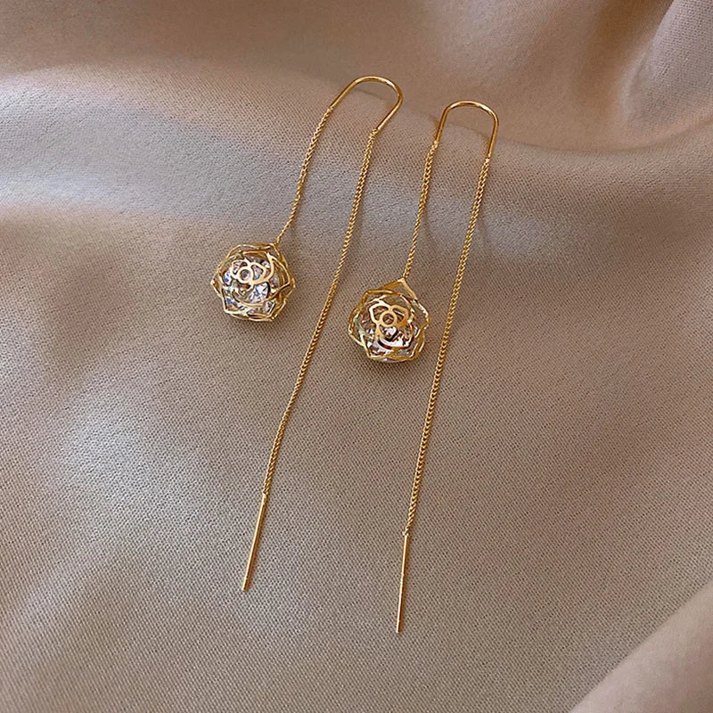Elegant Cubic Zirconia Drop Earrings – Women’s Classic Long Chain Dangle Earrings, Copper Alloy, Plant-Inspired Design