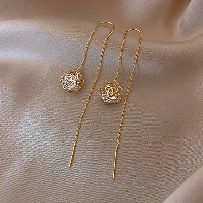 Elegant Cubic Zirconia Drop Earrings – Women’s Classic Long Chain Dangle Earrings, Copper Alloy, Plant-Inspired Design