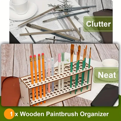 Slot Wooden Brush Holder – Double-Layer Desk Organizer for Paint Brushes, Pencils & Art Tools
