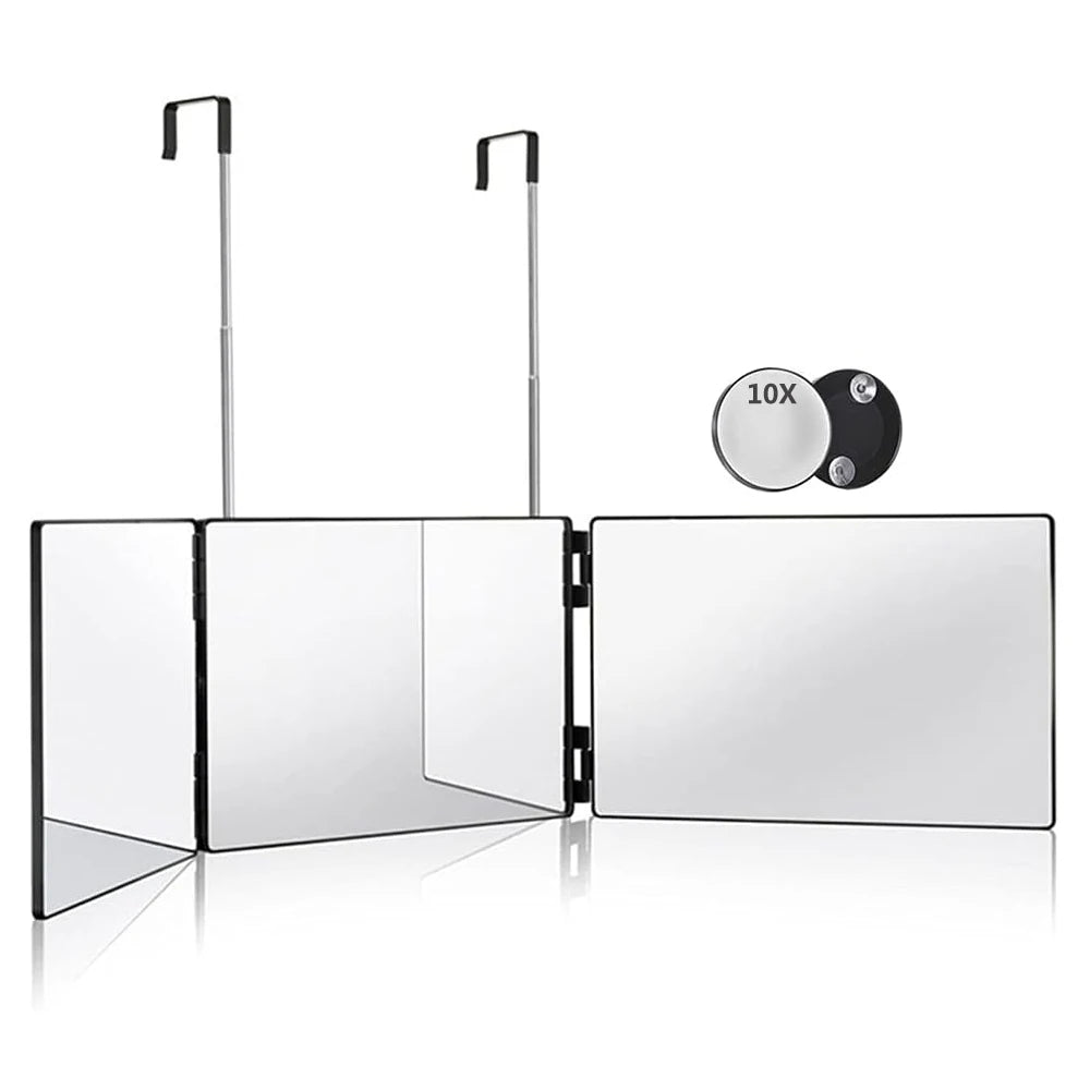 Travel Portable 360° Trifold Vanity Makeup Mirror – Foldable Self Hair Cutting & Makeup Mirror with Adjustable Hooks