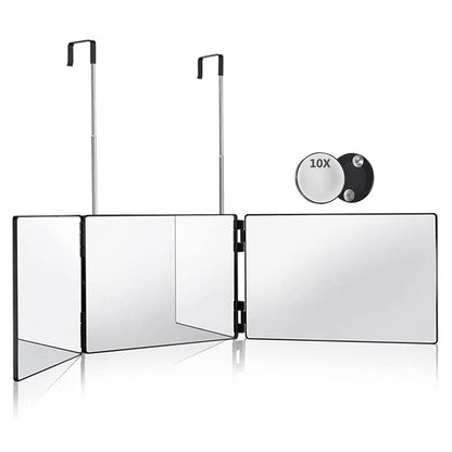 Travel Portable 360° Trifold Vanity Makeup Mirror – Foldable Self Hair Cutting & Makeup Mirror with Adjustable Hooks