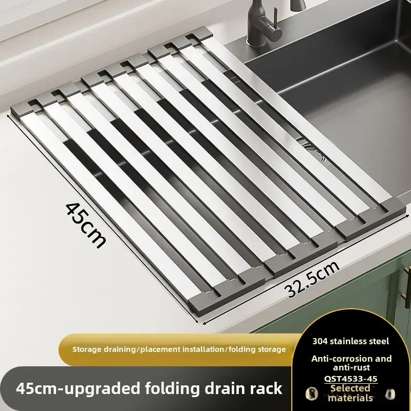 Foldable Stainless Steel Sink Drain Rack – Retractable Dish Drying Basket for Kitchen