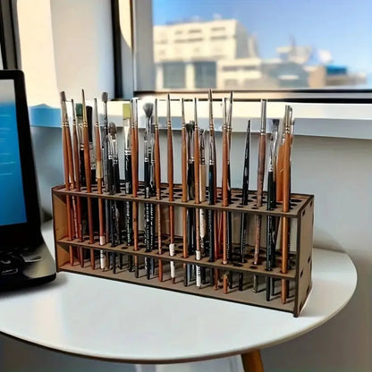Slot Wooden Brush Holder – Double-Layer Desk Organizer for Paint Brushes, Pencils & Art Tools