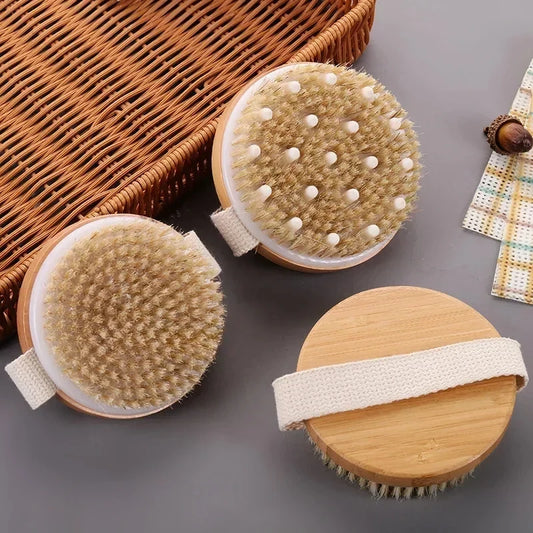 2-in-1 Dry Skin Body Massage Brush – Natural Bristle Anti-Cellulite Exfoliating Tool