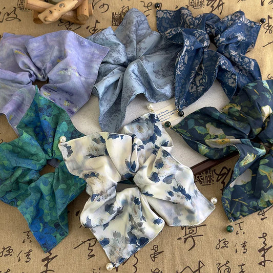 French-Style Satin Scrunchie with Pearl Square Elastic Ponytail Holder