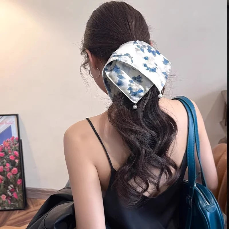 French-Style Satin Scrunchie with Pearl Square Elastic Ponytail Holder