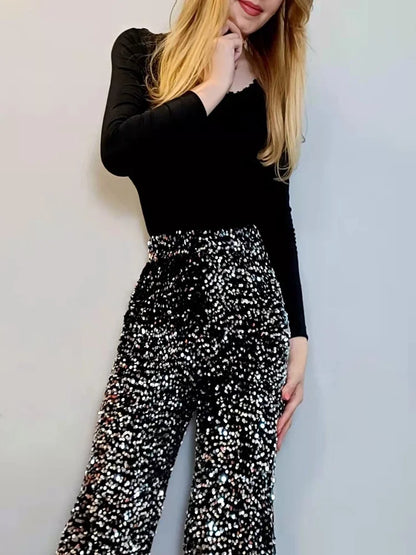 ✨ Women’s High-Waist Sequin Wide-Leg Pants – Sparkling Fashion Statement, Korean Style Party & Casual Wear