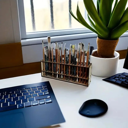 Slot Wooden Brush Holder – Double-Layer Desk Organizer for Paint Brushes, Pencils & Art Tools
