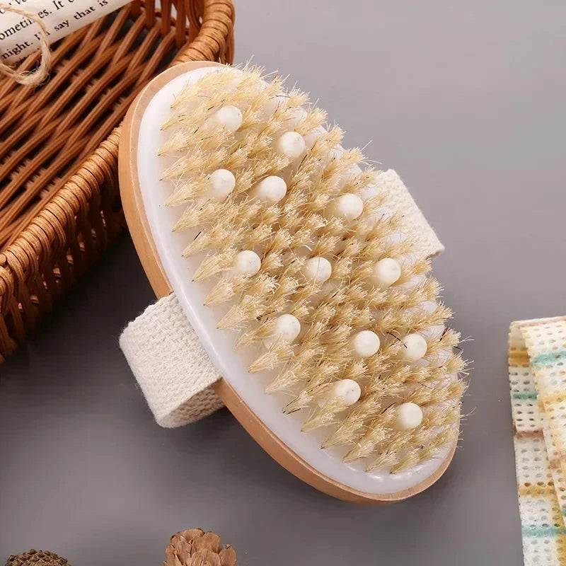 2-in-1 Dry Skin Body Massage Brush – Natural Bristle Anti-Cellulite Exfoliating Tool