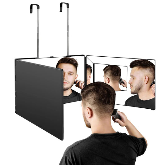 Travel Portable 360° Trifold Vanity Makeup Mirror – Foldable Self Hair Cutting & Makeup Mirror with Adjustable Hooks