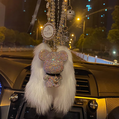Fashion Crystal Cartoon Bear Car Pendant – Rhinestone Bell Hanging Ornament with Tassels