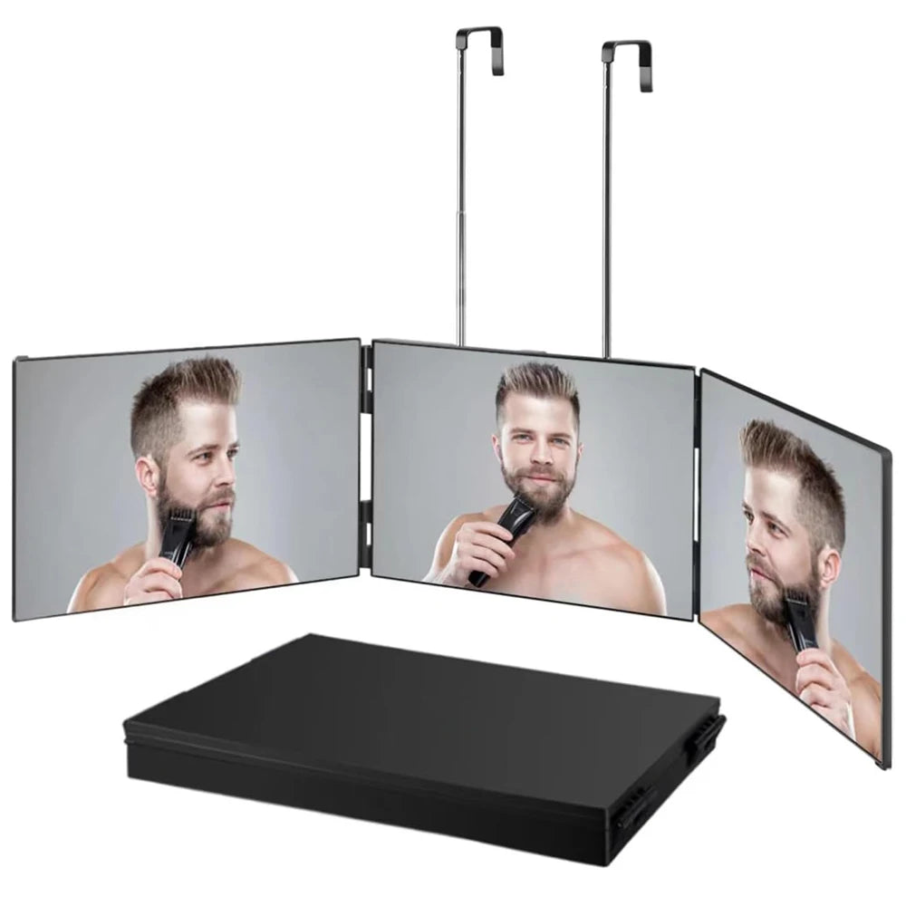 Travel Portable 360° Trifold Vanity Makeup Mirror – Foldable Self Hair Cutting & Makeup Mirror with Adjustable Hooks