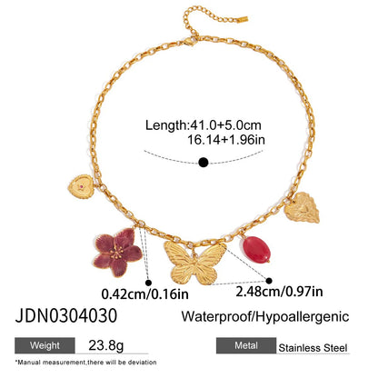 Vacation Style 18K Gold Plated Stainless Steel Necklace Wine Red Flower & Butterfly Pendant