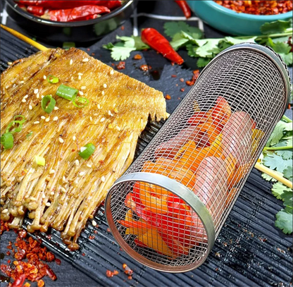 BBQ Basket Stainless Steel Rolling Grilling Basket Wire Mesh Cylinder Grill Basket Portable Round Outdoor Camping Barbecue Rack