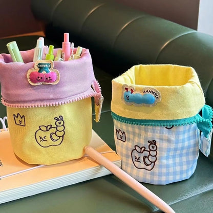 Large Vertical Pencil Case with Flip Cover and Embroidery - Creative Stationery Storage Multifunctional Back To School Supplies