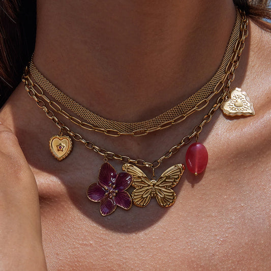 Vacation Style 18K Gold Plated Stainless Steel Necklace Wine Red Flower & Butterfly Pendant