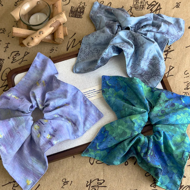 French-Style Satin Scrunchie with Pearl Square Elastic Ponytail Holder