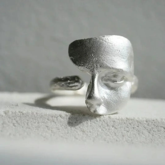 Abstract Face Adjustable Ring, Silver-Plated Unisex Art Statement