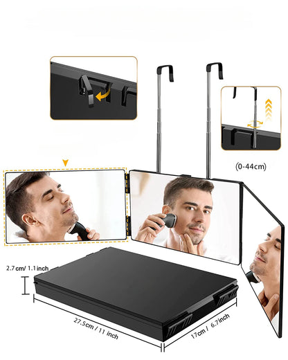 Travel Portable 360° Trifold Vanity Makeup Mirror – Foldable Self Hair Cutting & Makeup Mirror with Adjustable Hooks