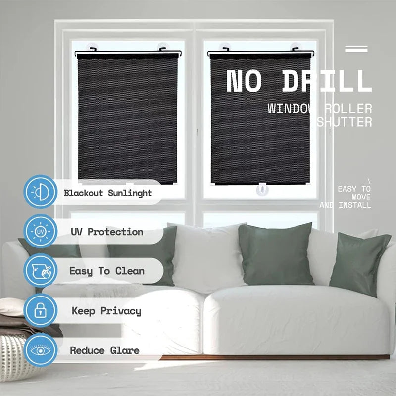 Blackout Roller Blinds – Drill-Free Window Shades, Light-Blocking Curtains for Bedroom, Kitchen & Office