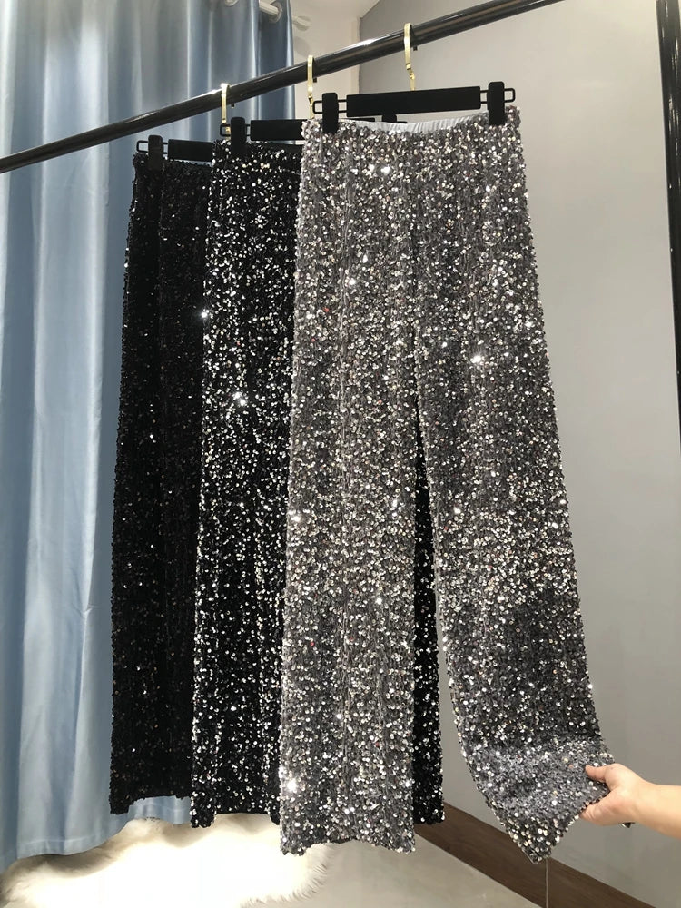 ✨ Women’s High-Waist Sequin Wide-Leg Pants – Sparkling Fashion Statement, Korean Style Party & Casual Wear