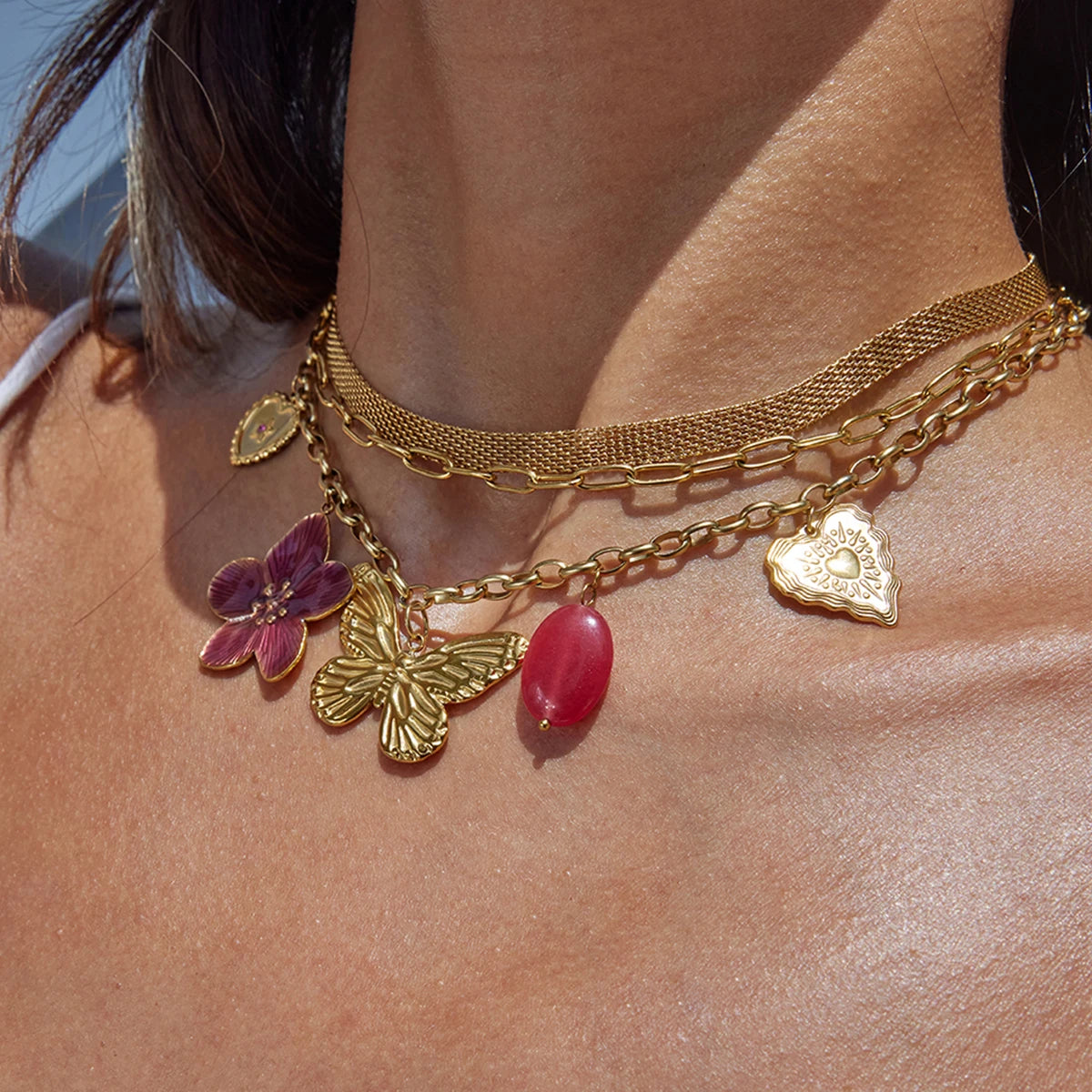 Vacation Style 18K Gold Plated Stainless Steel Necklace Wine Red Flower & Butterfly Pendant