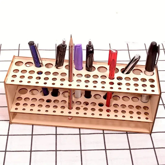 Slot Wooden Brush Holder – Double-Layer Desk Organizer for Paint Brushes, Pencils & Art Tools