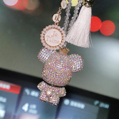 Fashion Crystal Cartoon Bear Car Pendant – Rhinestone Bell Hanging Ornament with Tassels