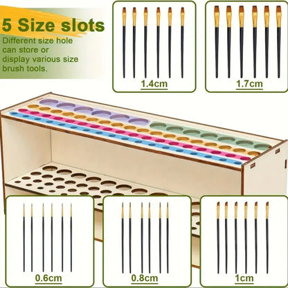 Slot Wooden Brush Holder – Double-Layer Desk Organizer for Paint Brushes, Pencils & Art Tools